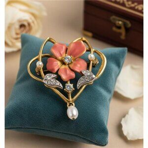 Joan Rivers Pink Enamel Flower Brooch Cultured Pearl Crystal Gold Tone 1.25 In